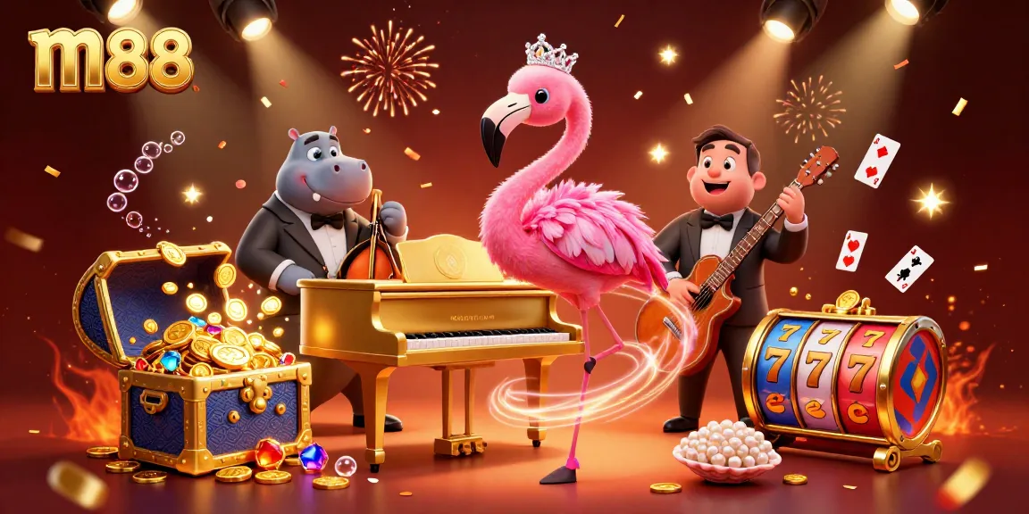 Experience the excitement of m88 casino with a vibrant 3D scene of characters and slot elements.