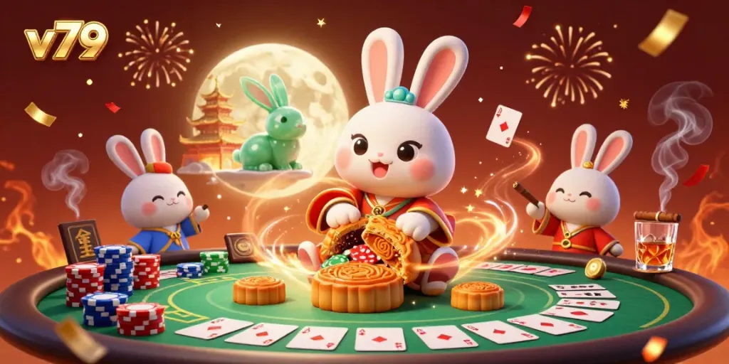 Experience thrilling poker action with v79 as a moon rabbit and jade rabbit celebrate on the lunar surface.