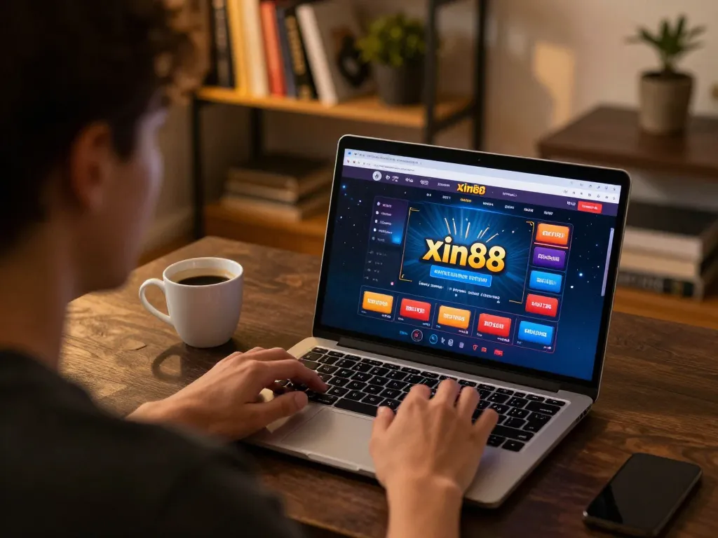 Engaging with the xin88 online casino on a laptop in a cozy home setup, showcasing strategic gameplay