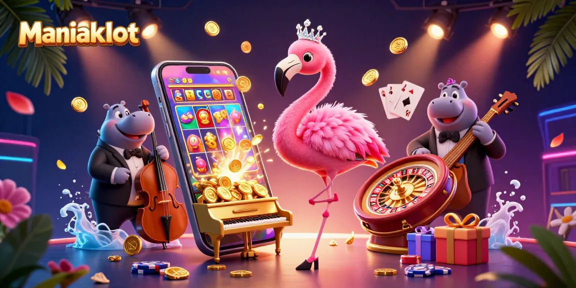 Spin the reels with Maniakslot's dynamic casino scene featuring vibrant characters and theme.