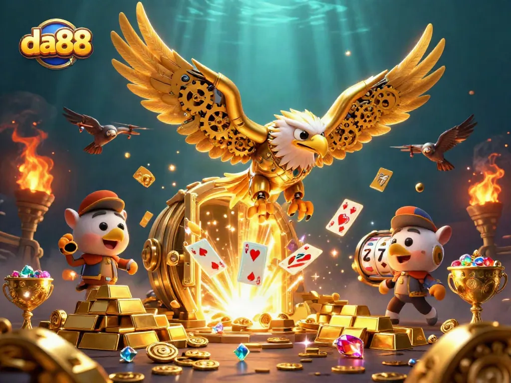 Engage in thrilling entertainment with da88, featuring a cybernetic golden eagle and rich gaming elements.
