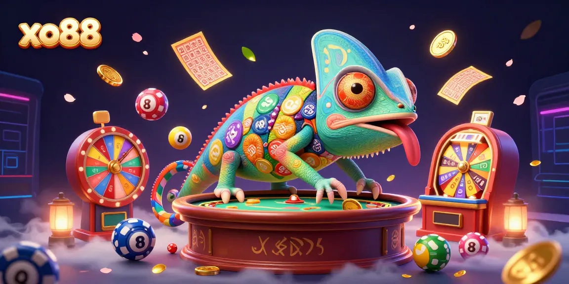 Experience the vibrant casino action with xo88, featuring a chameleon owner amidst dynamic gaming elements.