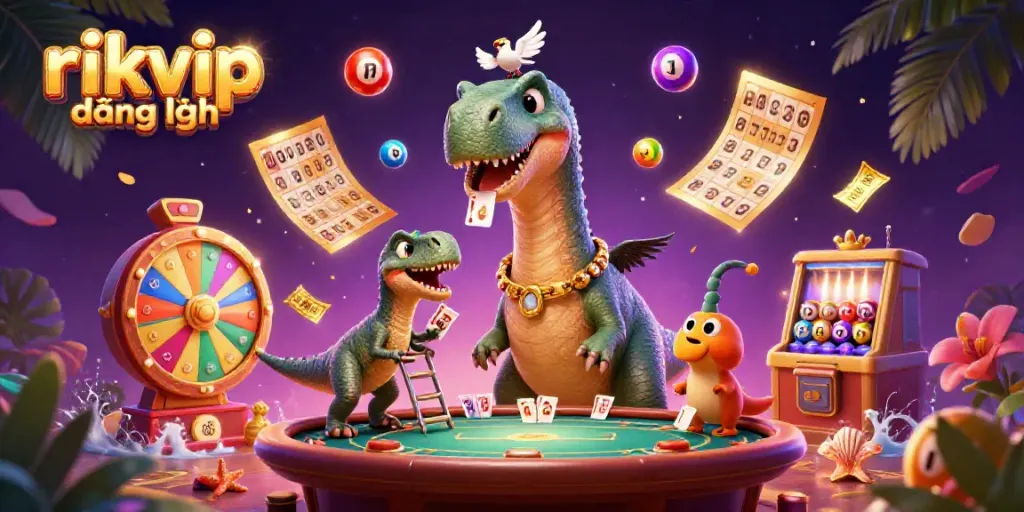 Experience the excitement of rikvip đăng nhập with a vibrant casino scene featuring a friendly dinosaur and clever dealer.