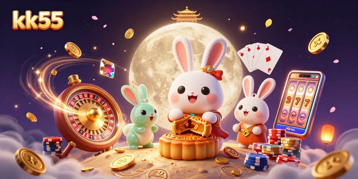 Experience kk55's vibrant casino magic with a moon rabbit revealing poker chips in a dynamic, festive scene.