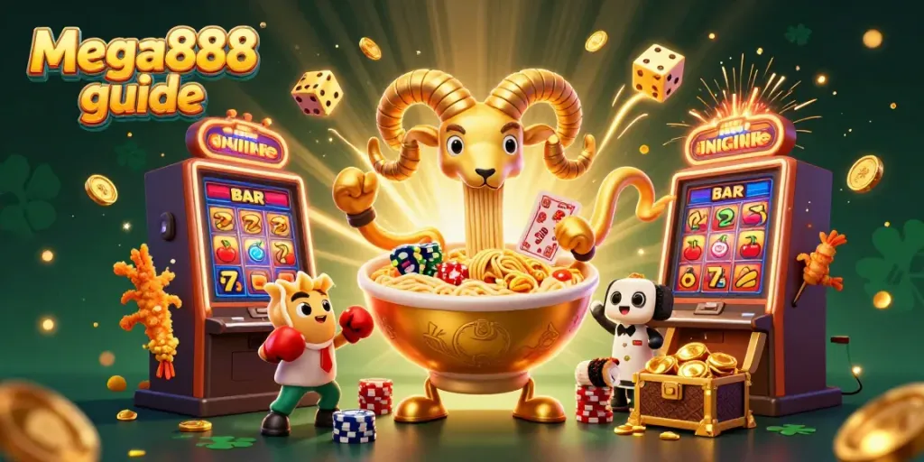 Engaging Mega888 guide scene showcasing lively casino characters and exciting game elements.