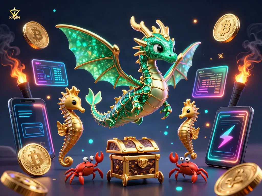 KUWIN champions top casino gaming with its emerald sea dragon surrounded by shimmering cryptocurrencies.