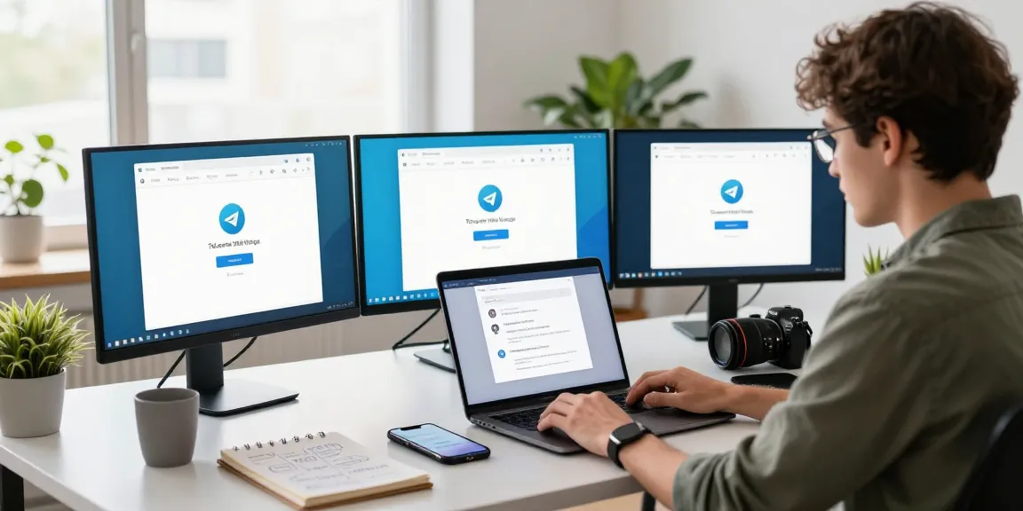 Engaging workspace showcasing the Telegram Web Version interface on multiple screens, emphasizing productivity in a modern setting.