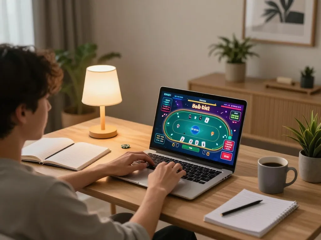 Engaged player enjoying game bài đổi thưởng on laptop, with strategic notes and a cozy setup.