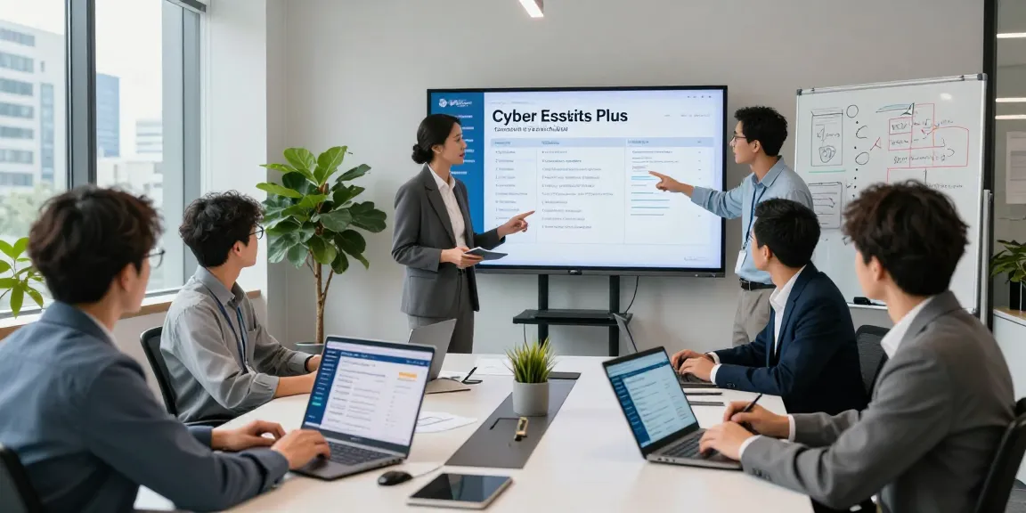 Team of IT professionals collaborating on Cyber Essentials Plus certification strategies in a modern office.