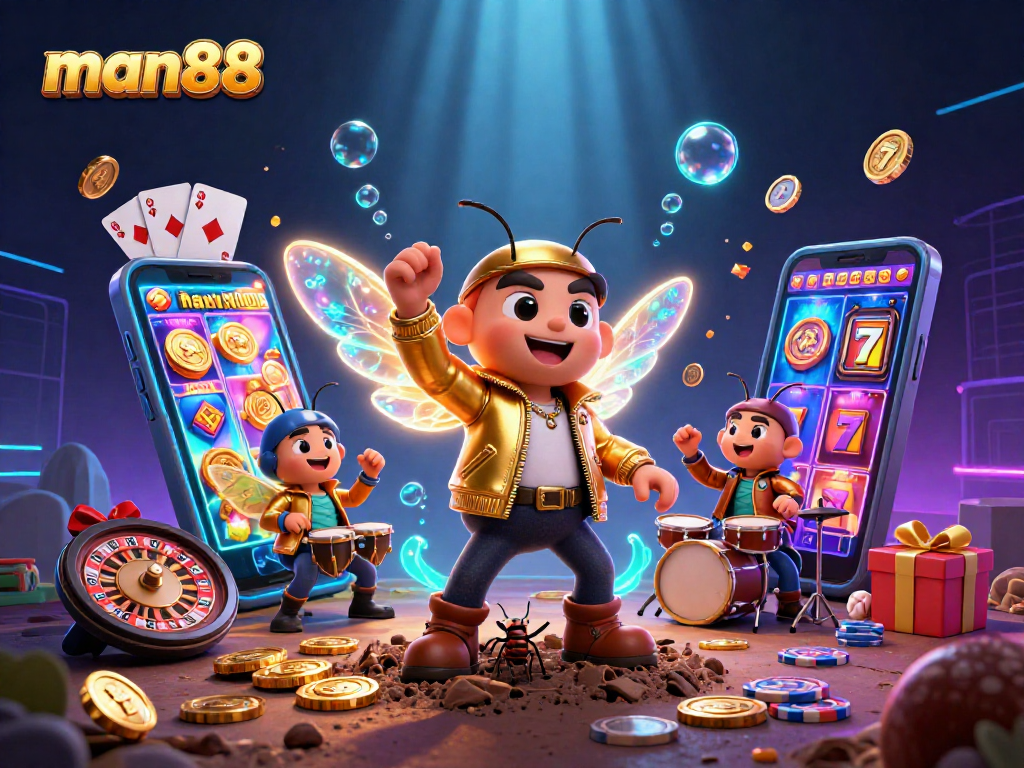 Experience excitement with man88 as a cicada rock star performs surrounded by vibrant casino elements.