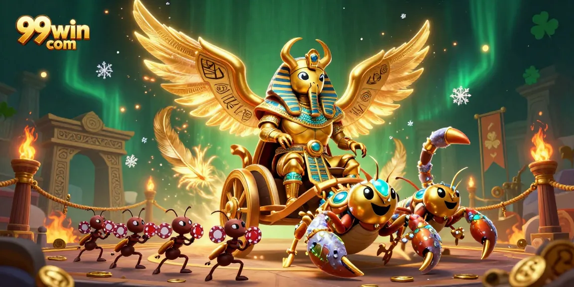 Experience the excitement of 99win com with a vibrant casino-themed illustration featuring unique characters and elements.