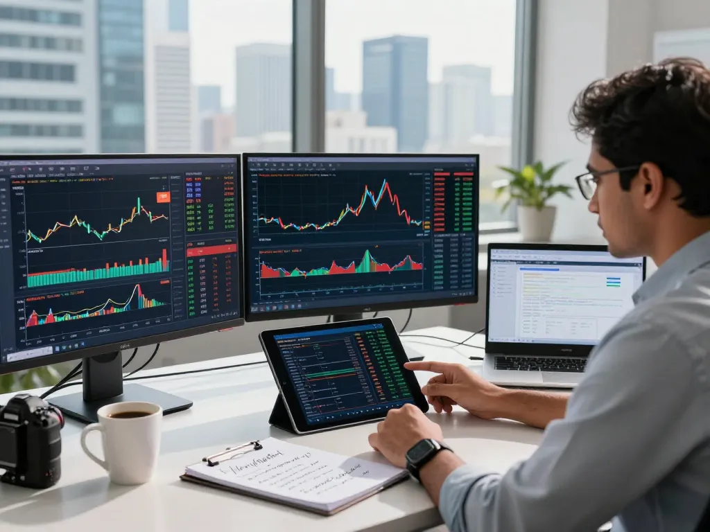 Trader evaluating platforms for CFD trading in India with multiple screens in a modern office setting.