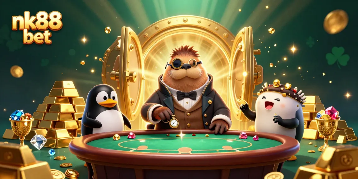 Engage in the thrilling world of nk88 bet with a 3D cartoon walrus at a poker table surrounded by jewels.