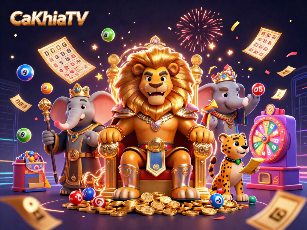 Experience gaming excitement with CaKhiaTV's vibrant 3D casino illustration featuring majestic characters.