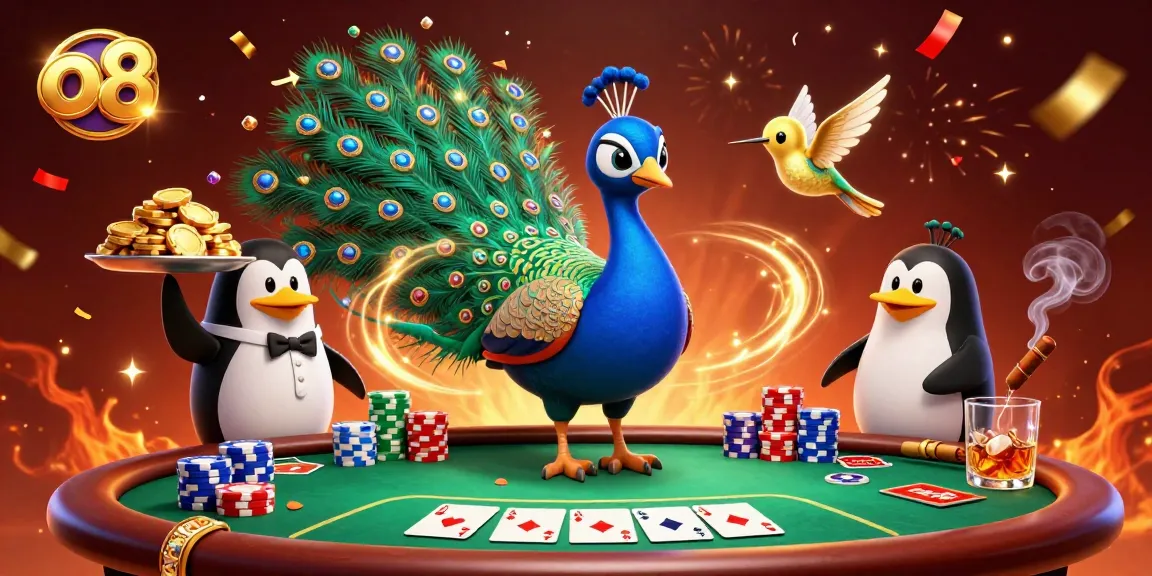 Experience thrilling poker action at o8 with colorful chips and characters in a lively casino scene.