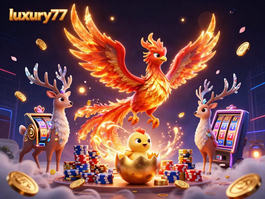 Experience luxury777 with a vibrant 3D phoenix scene celebrating slots and casino excitement.
