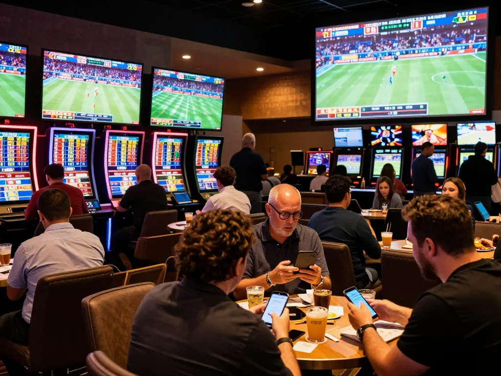 keonhacai sports betting scene showing excited players using devices for real-time bets.