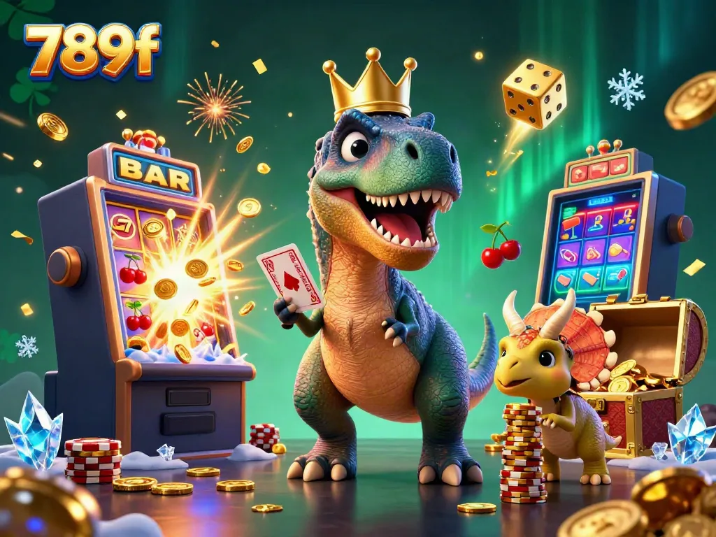 Experience the thrilling world of 789f with a cartoon T-Rex shuffling cards and friends in a vibrant casino scene.