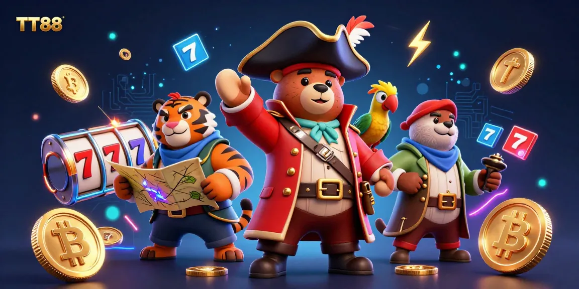 Experience thrilling games at TT88 with this vibrant 3D casino illustration featuring slots, jackpot elements, and dynamic characters.