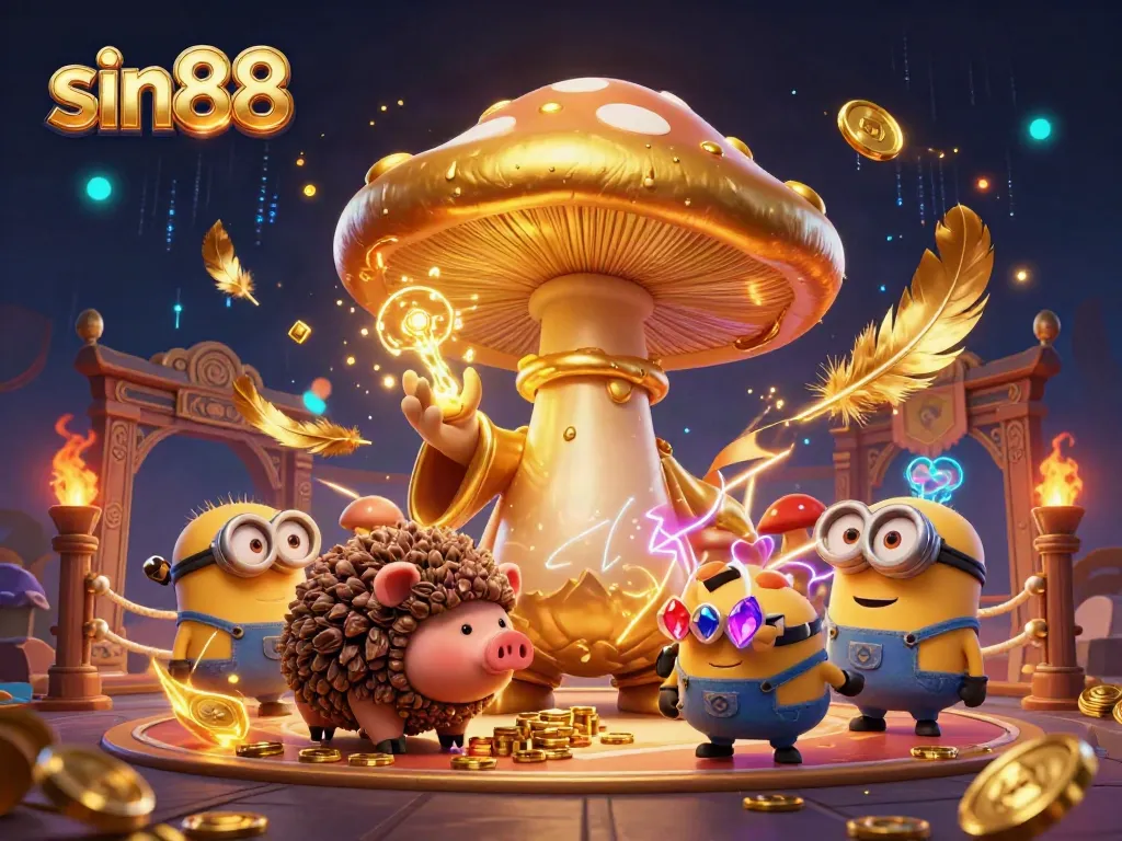 Experience the magic of sin88 with a vibrant 3D illustration featuring a golden wizard in a dynamic casino scene.