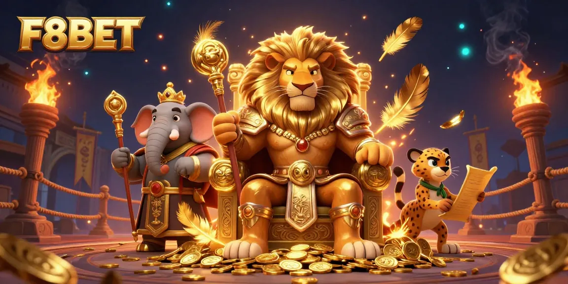 Engage with F8BET's thrilling online casino adventure featuring a lion king and unique characters.