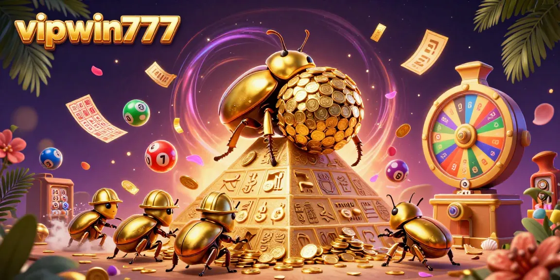 Experience thrilling gameplay with vipwin777, as golden beetles roll coins and lottery balls burst forth!
