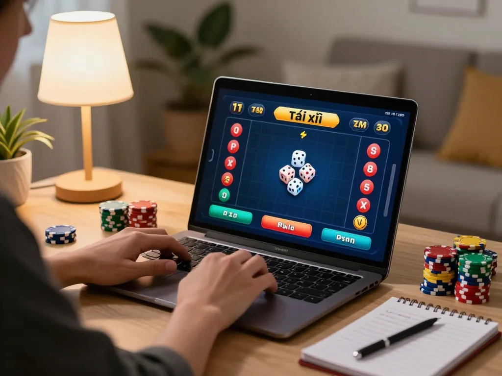 Tai xỉu online session in action, player enjoying interactive betting on laptop with colorful chips.