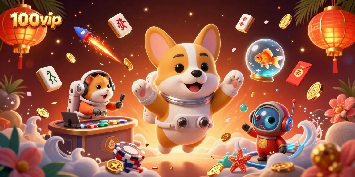 Experience thrilling gaming at 100vip with floating coins and colorful casino elements.