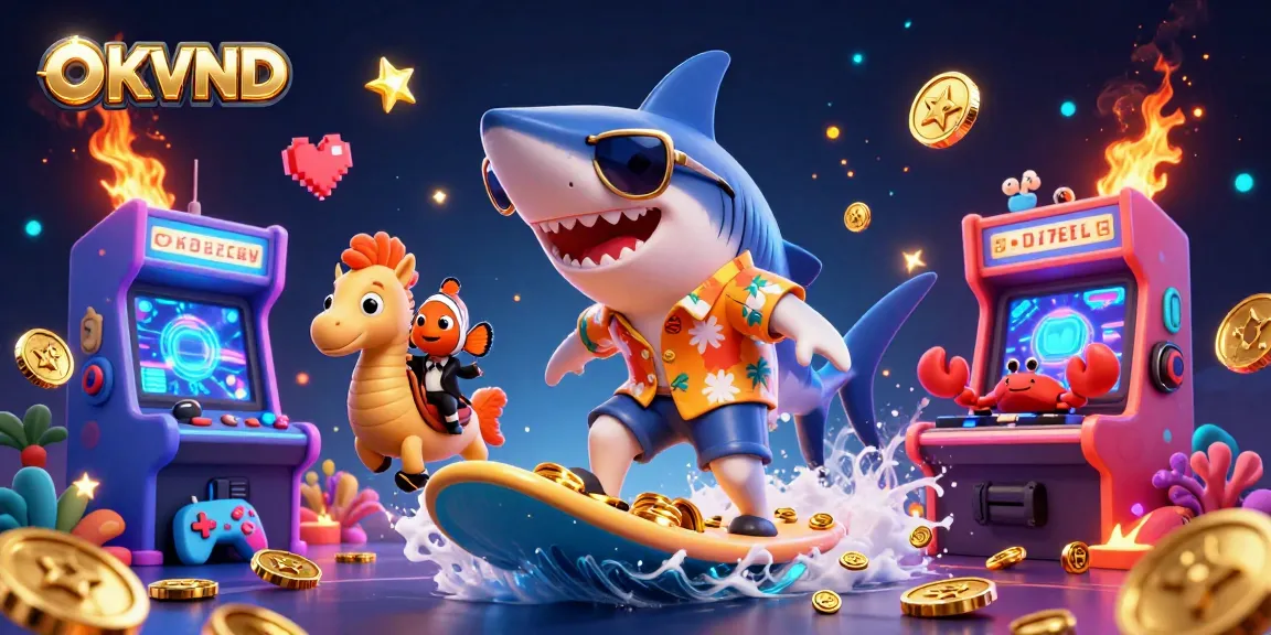 Engage with OKVND as a shark character dives into gold coins and exciting game elements.