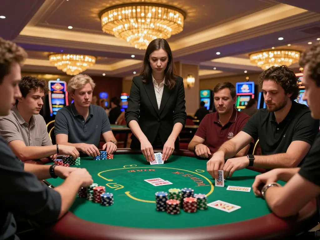 Kwin players engaging in a high-stakes poker game, dealer shuffling cards on a green felt table