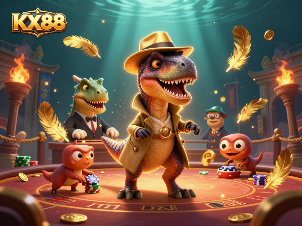KX88 captures excitement with a velociraptor card counter, stegosaurus pit boss, and compy pickpocket in a thrilling casino scene.
