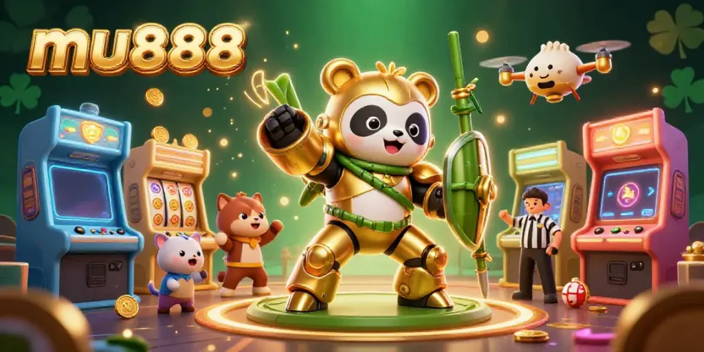 Experience thrilling gameplay with mu888 as the golden panda battles in a vibrant casino arena.