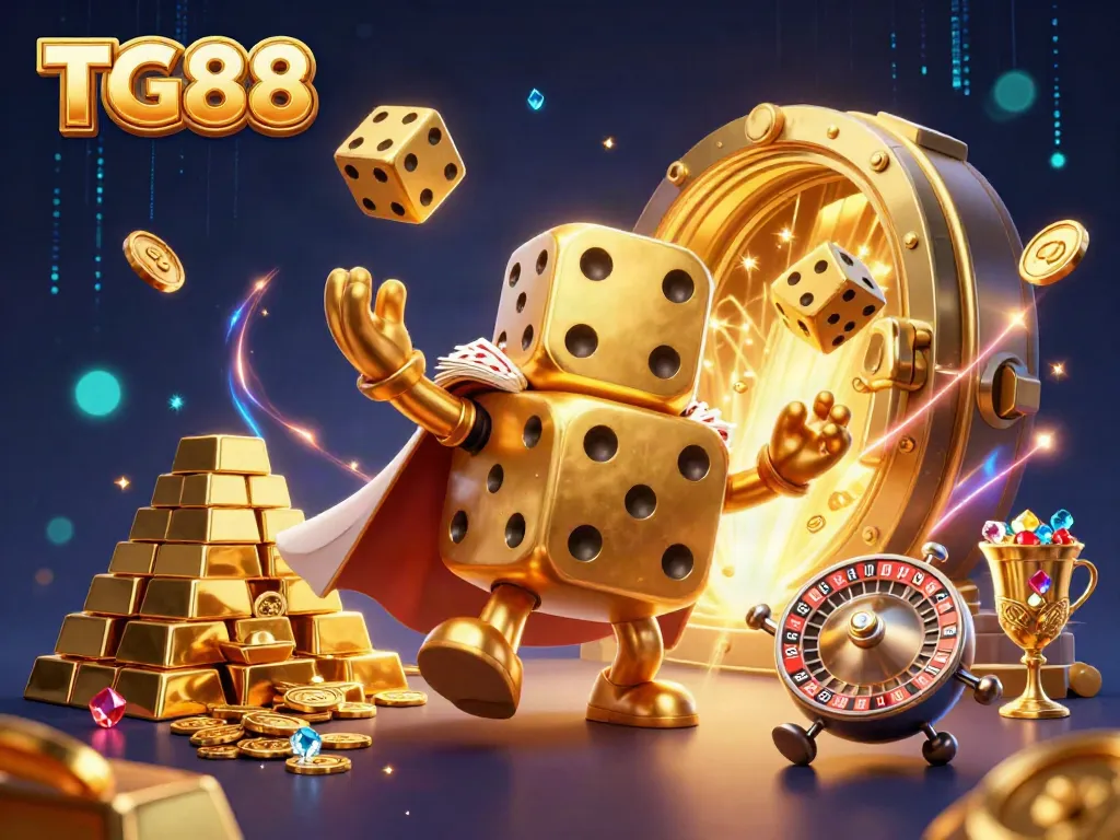 Experience the excitement of TG88 casino with golden dice, treasures, and vibrant scene elements.