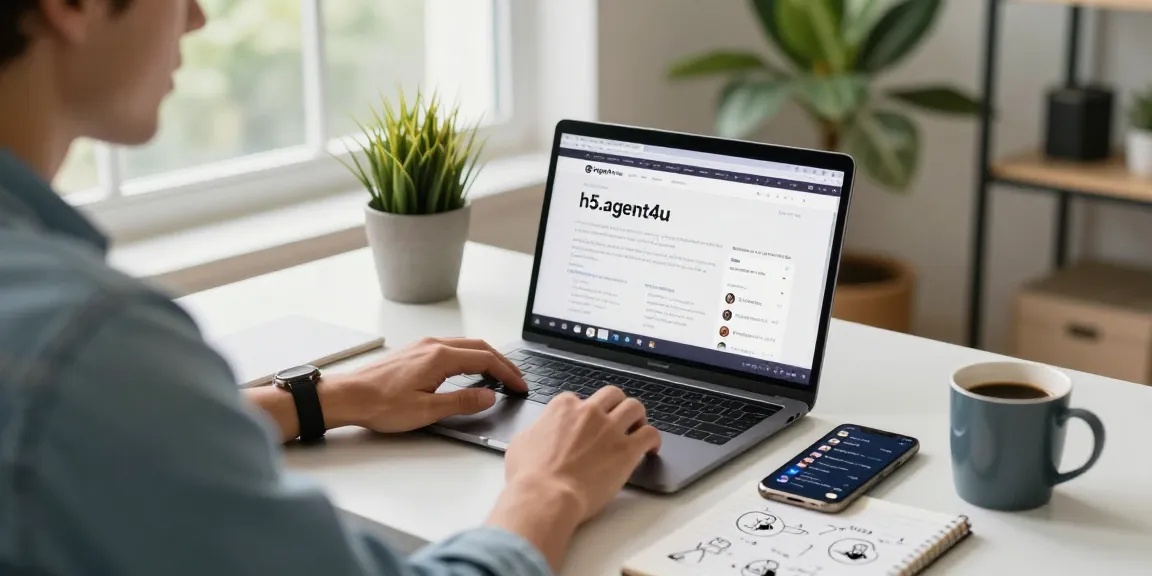 Online agent engaging with h5.agent4u platform in a modern home office.