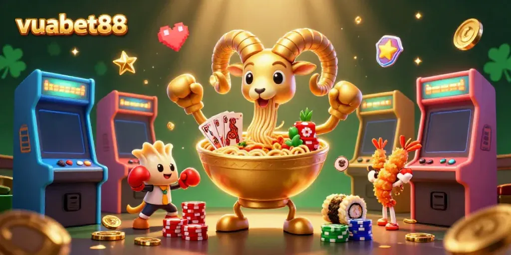 Play exciting games at vuabet88 with our vibrant 3D casino illustration showcasing fun characters and bright gaming elements.