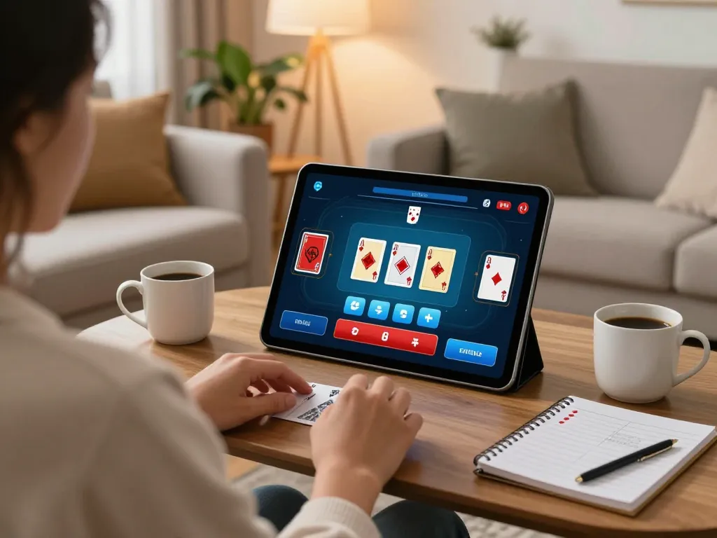 Playing blackjack on 98win trang chủ within a cozy home setup, emphasizing responsible gaming.