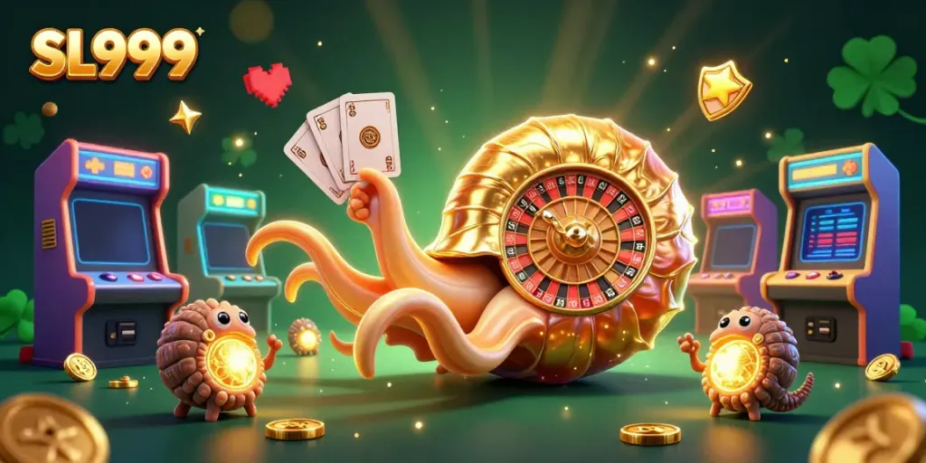 Experience thrilling gameplay with SL999 featuring a giant nautilus as a roulette wheel amidst vibrant gaming elements.