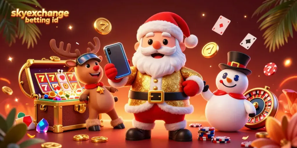 Experience exciting gameplay with skyexchange betting id in a vibrant casino scene featuring Santa, his reindeer, and a snowman.