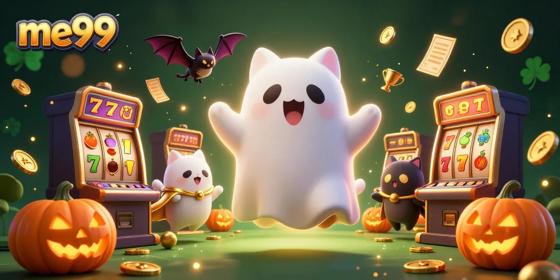 Punt to win at me99 with a playful ghost cat and bat companion in a haunted casino scene full of slots.