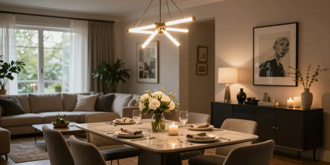 Candelabru living elegant cu decor modern și atmosferă confortabilă în living