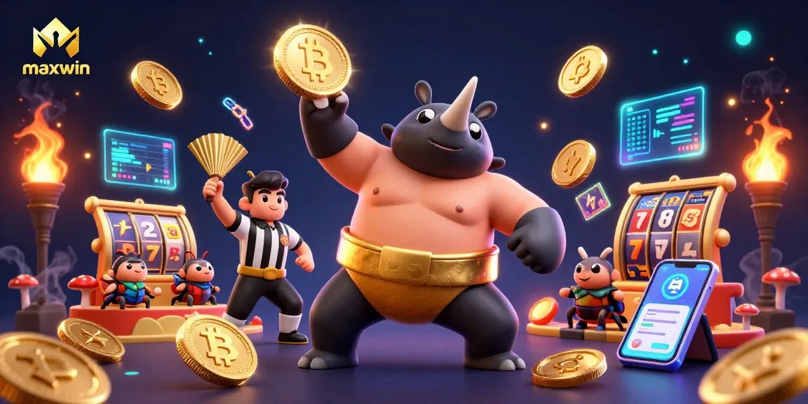 Experience the maxwin excitement with dynamic cartoon beetles at a thrilling casino setting, surrounded by glowing slots.