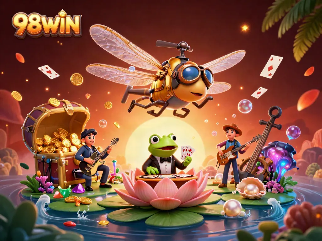 Engage with 98WIN at an exciting lily pad casino, featuring dynamic gambling characters!