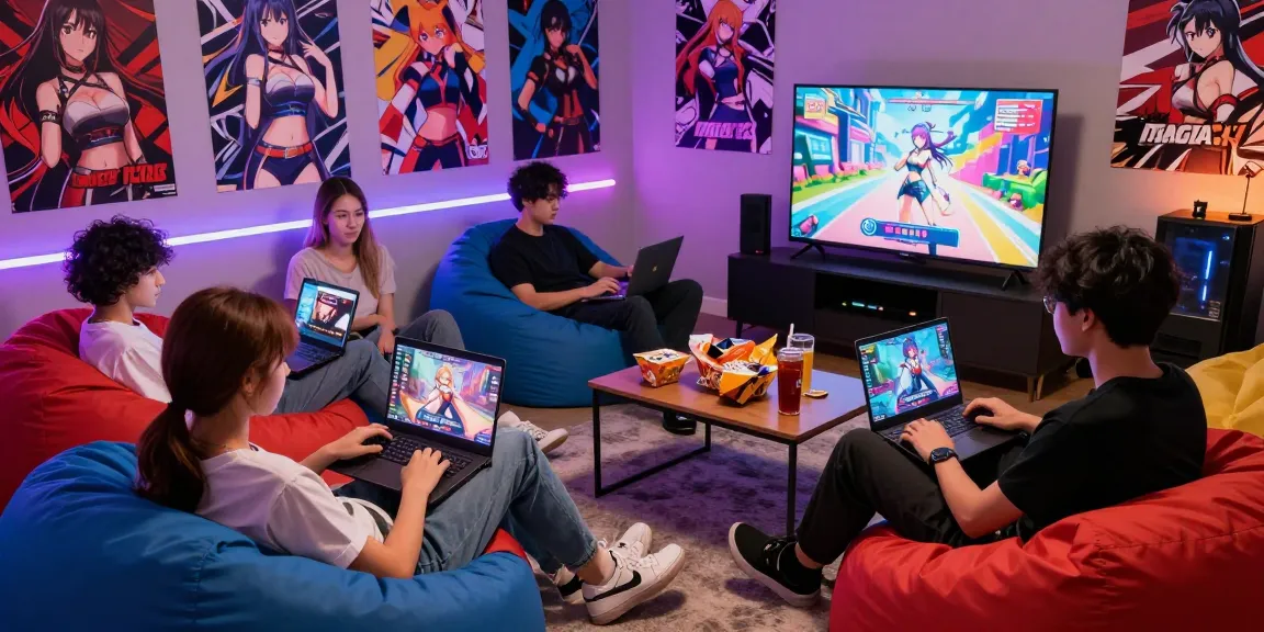 Young adults enjoying hentai games in a vibrant gaming lounge with colorful decor.