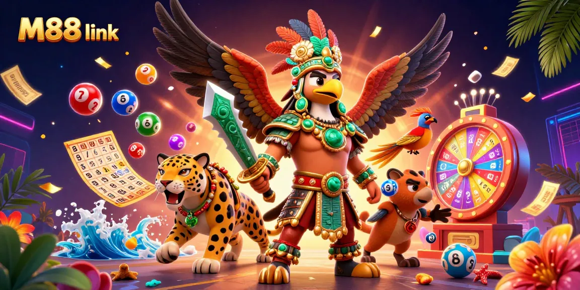 Experience the excitement of M88 link with this dynamic illustration featuring vibrant lottery elements and Aztec warriors.