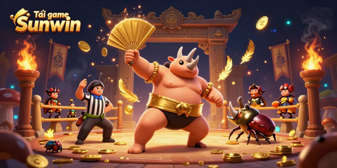 Tải game Sunwin with a dynamic scene of a sumo champion and animated characters in a vibrant golden atmosphere