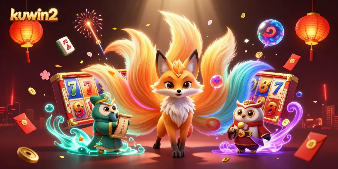 Experience kuwin2 with vibrant casino-themed 3D characters and slot game elements in a dynamic scene.