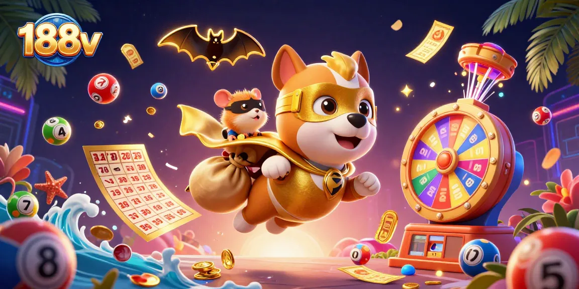 Experience exciting wins with 188v as a superhero dog flies with golden coins and dynamic gaming elements.