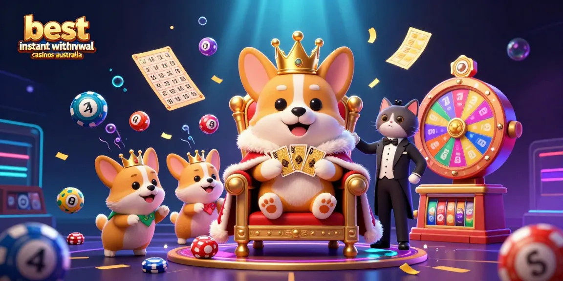 Explore the best instant withdrawal casinos Australia with a dynamic illustration featuring a royal corgi and vibrant casino elements.