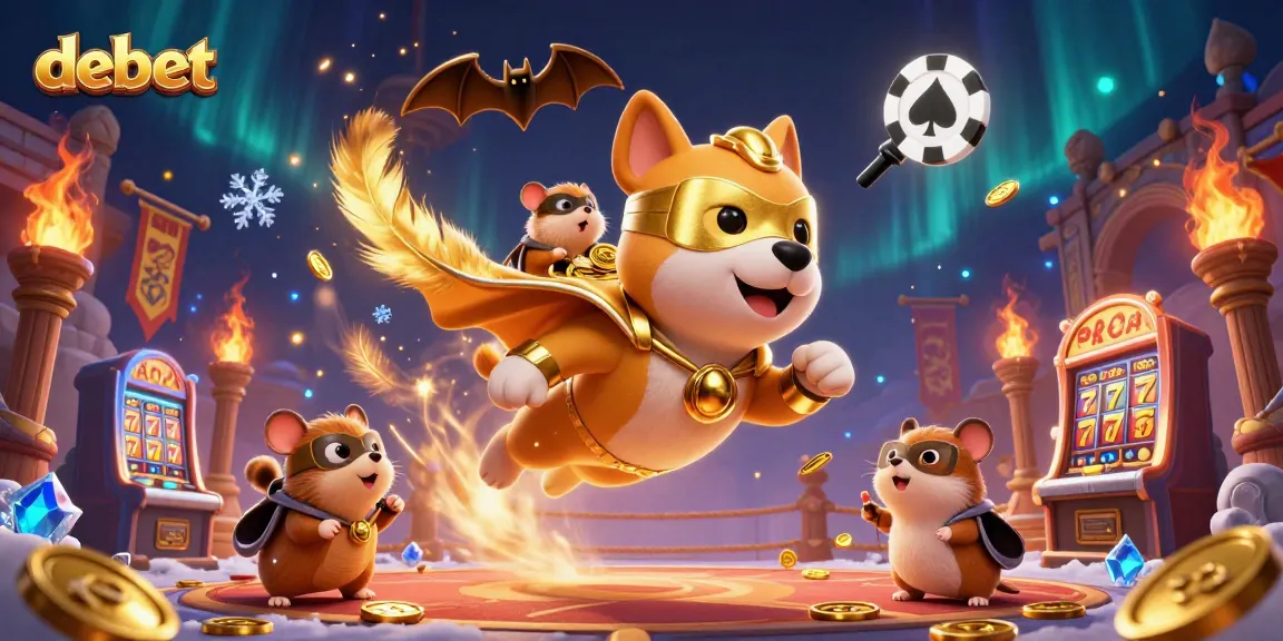 Engage with debet through a captivating scene featuring a superhero dog and dynamic slot games.