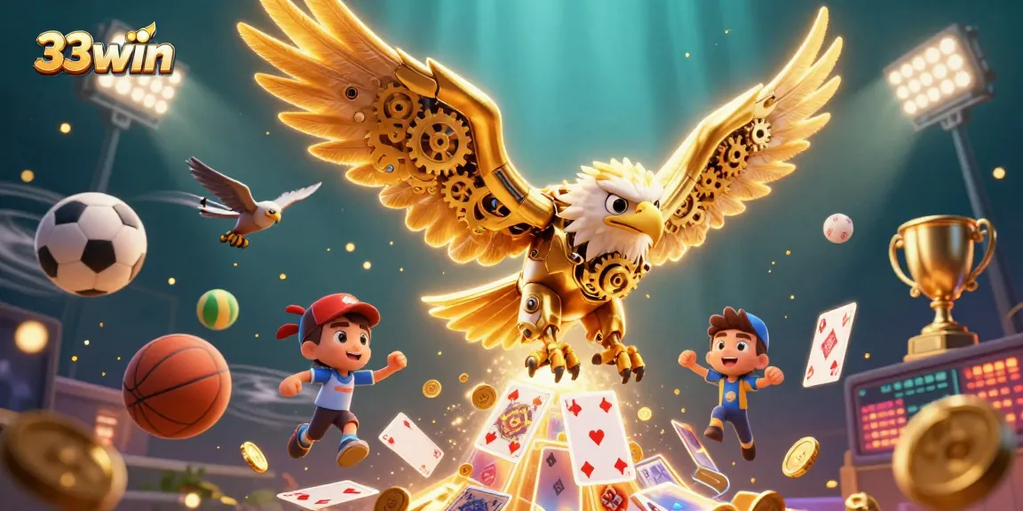 33win highlights a thrilling dive of a golden eagle through dynamic casino-themed elements, showcasing sports balls.
